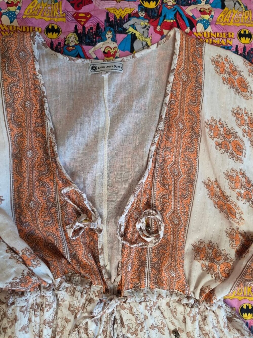 Little Miss Gypsy Boho Midi Dress L XL Batik Orange Metallic Lurex With Pockets - Picture 5 of 11